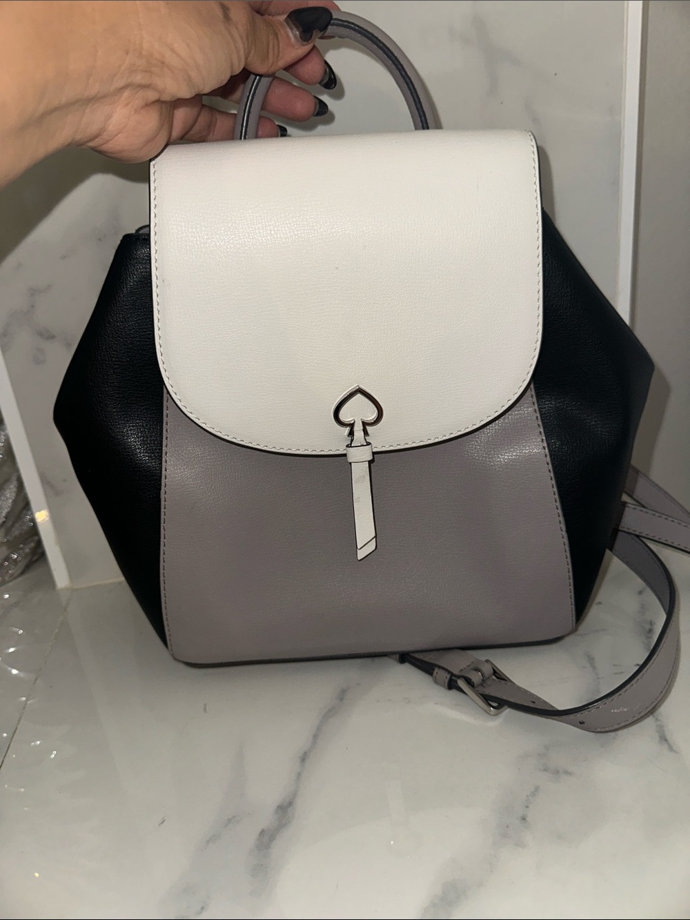Tricolor Leatherette Top-Handle Backpack - White, Gray, Black